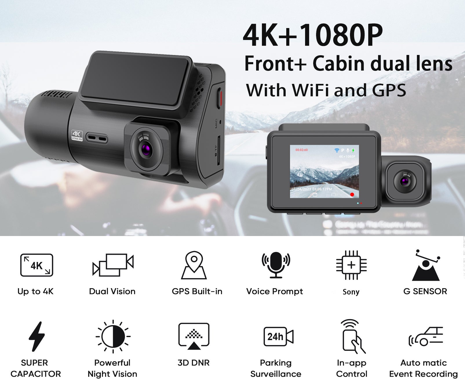 Caméra de tableau de bord M700A 2 canaux 4K UHD avant 1080P à l'intérieur de la cabine GPS