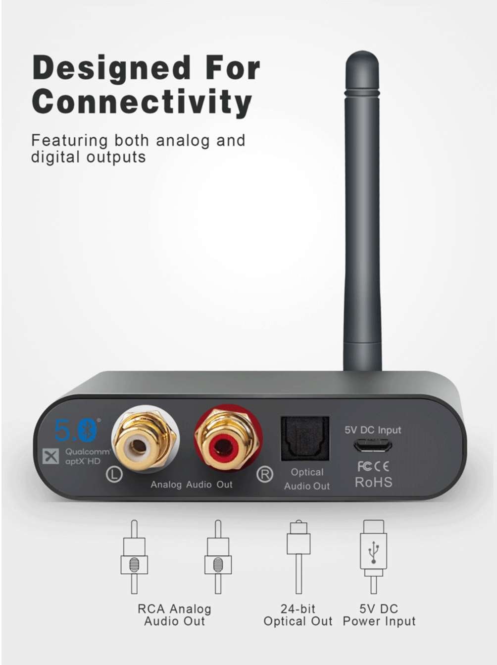 AKaudio Qualcomm BRX HD Optical wireless Bluetooth 5.0 stereo Audio Music Receiver - TECHOBOOM