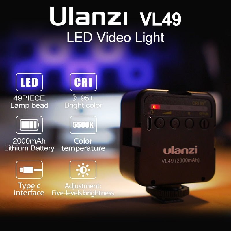 Ulanzi VL49 6W Mini LED vidéo bureau lumière 2000mAh 5500K Zoom éclairage photographique éclairage U lumineux Vlog lumière de remplissage