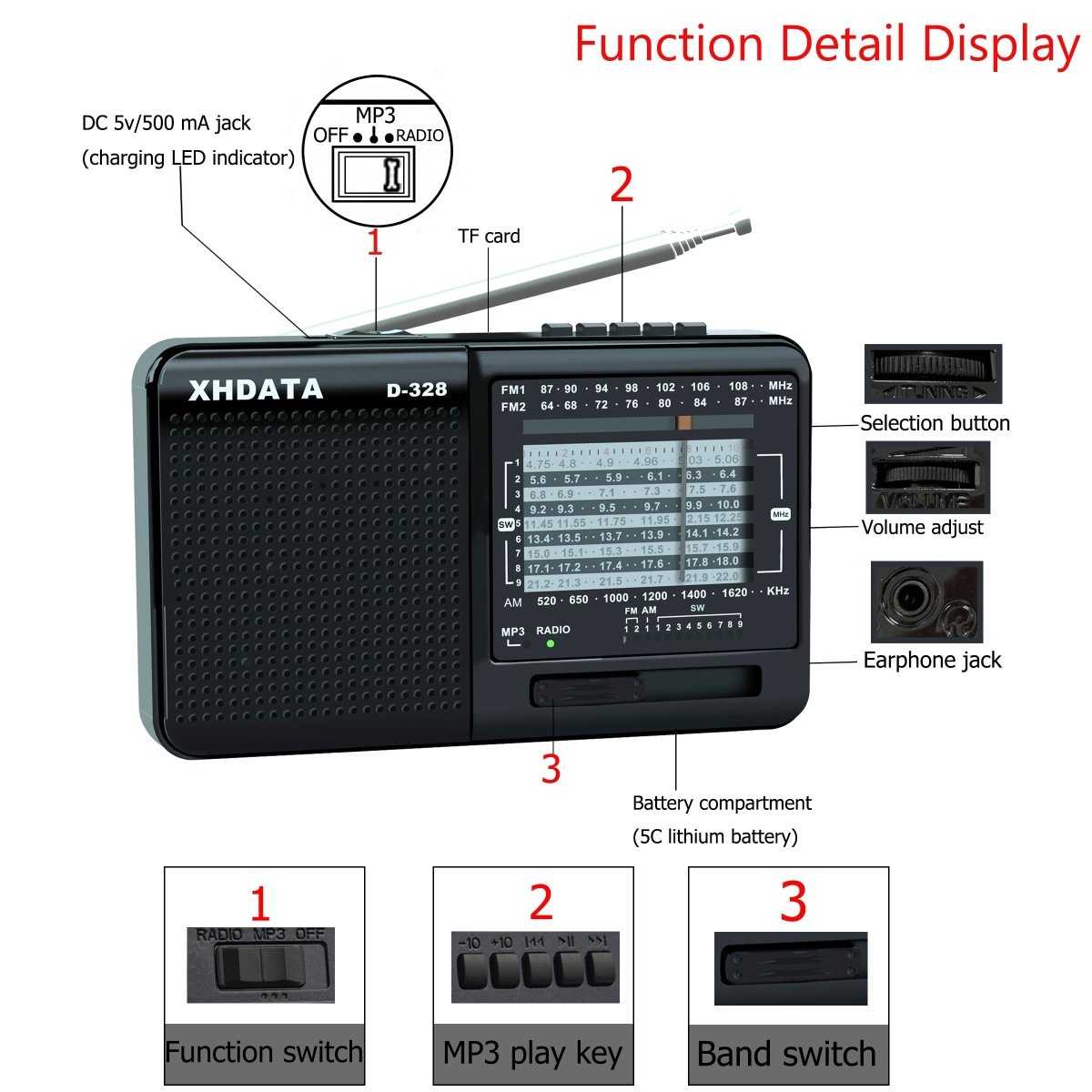 XHDATA D-328 FM Radio AM SW Portable Shortwave Radio Band MP3 Player With TF Card Jack 4Ω/3W Radio Receiver TECHOBOOMXHDATA D-328 FM Radio AM SW Portable Shortwave Radio Band MP3 Player With TF Card Jack 4Ω/3W Radio Receiver